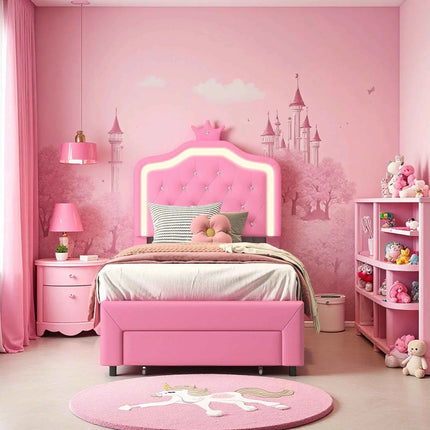 Rosahqnda Children's Bed 90 x 200 cm,Upholstered Bed with Slatted Frame Princess Bed,Girls Bed, Single Bed,Teenager's Bed,PU