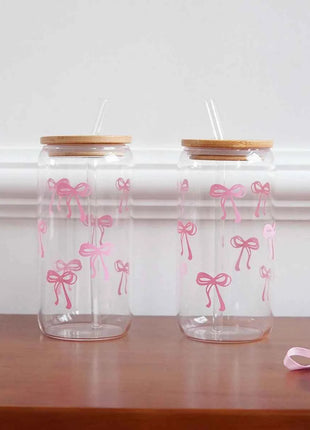 Set Bicchieri in Vetro con Fiocco Coperchio e Cannuccia per Casa Picnic Colazione e Feste