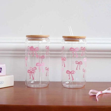 Set Bicchieri in Vetro con Fiocco Coperchio e Cannuccia per Casa Picnic Colazione e Feste