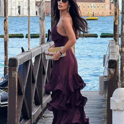 Elegant Solid Ruffled Sling Dress for Women Fashion Sleeveless Backless Party Maxi Dresses 2025 New Female Vacation Robes Street