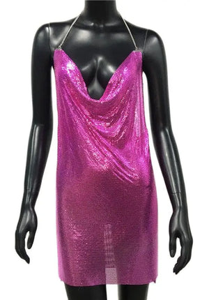 2023 Sexy Clubwear Backless Sequin Short Dress for Women Cocktail Metallic Split Mesh Harness Body Chain Club Low Cut Mini Dress