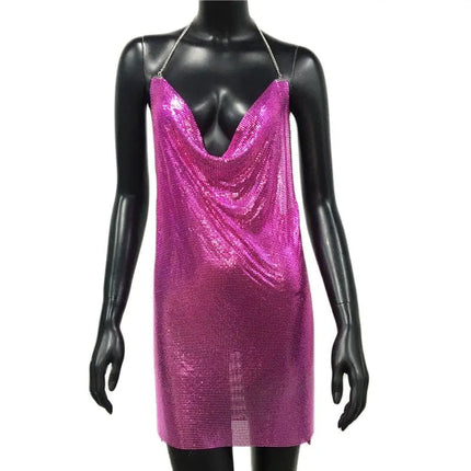 2023 Sexy Clubwear Backless paillettes abito corto per le donne Cocktail Metalic Split Mesh Harness Body Chain Club Low Cut Mini Dress