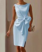 Elegante abito con fiocco solido per le donne Moda senza maniche O collo Pacchetto sottile Abiti alla moda Lady Serata formale Abbigliamento da donna