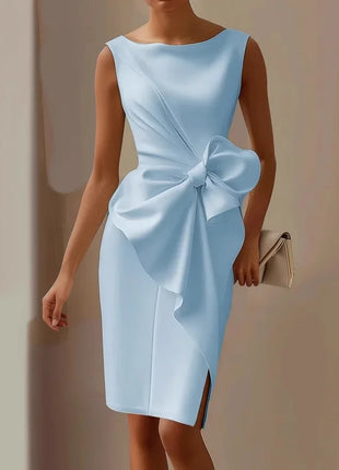 Elegante abito con fiocco solido per le donne Moda senza maniche O collo Pacchetto sottile Abiti alla moda Lady Serata formale Abbigliamento da donna