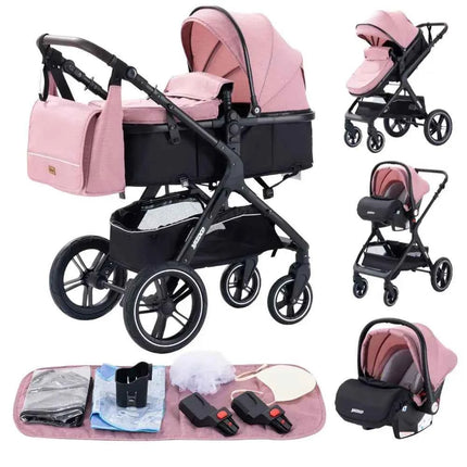 Multifunction 3 in 1 Baby Stroller with Car Seat and Sleeping Basket Baby Pram Lightweight Infant Pushchair Compact Folding Pram