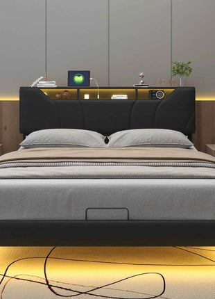 Anajqaqia 160×200cm Hydraulic Bed with LED Light and USB Charge, Upholstered Double Bed, with Storage Space Underbed, PU, Black