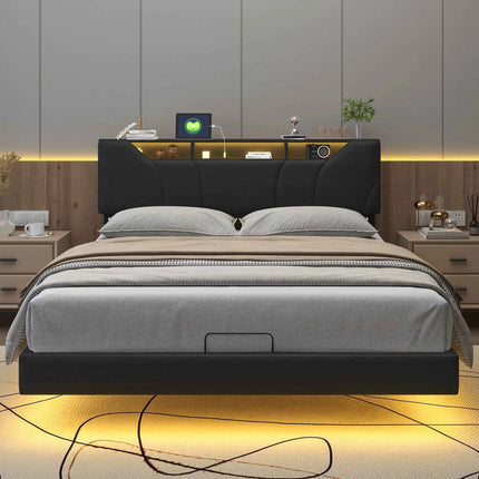 Anajqaqia 160×200cm Hydraulic Bed with LED Light and USB Charge, Upholstered Double Bed, with Storage Space Underbed, PU, Black