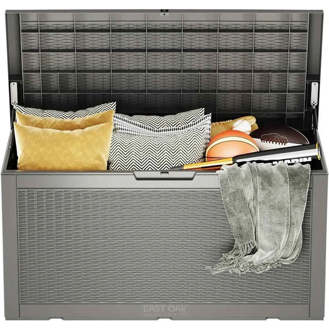 Outdoor Storage Box, 100 Gallon Deck Box, Waterproof Resin Storage Bench for Patio Cushions