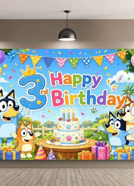 Sfondo in Tessuto per Festa di Compleanno Bluey 3 Anni, Decorazione per Bambini con Torta, Palloncini, Bandierine, Regali, Parete Fotografica Colorata