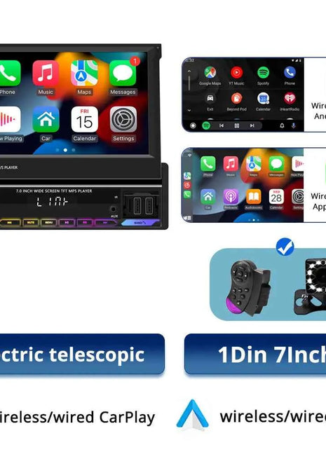 Car Radio Automatic Retractable Screen 7Inch 1Din Wireless CarPlay Android auto Car MP5 Video Player Bluetooth FM RDS USB AUX