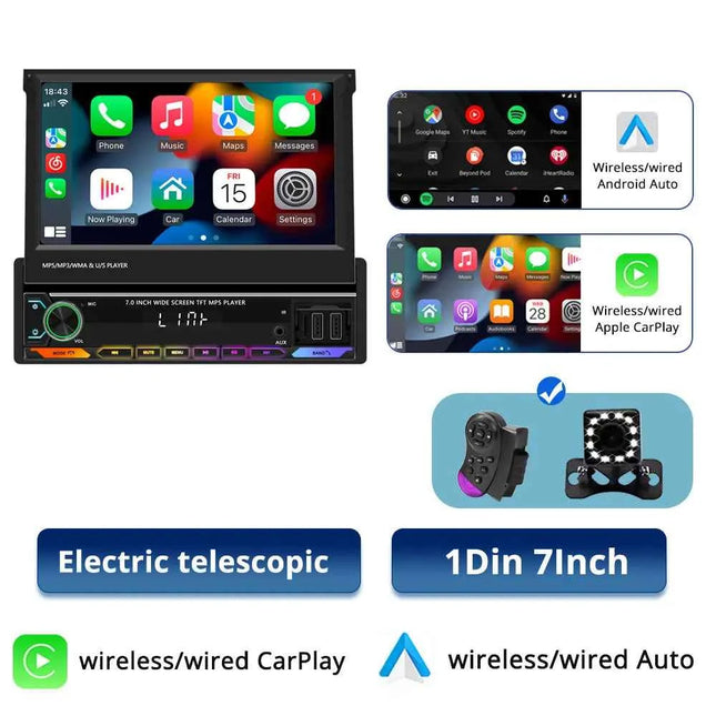 Car Radio Automatic Retractable Screen 7Inch 1Din Wireless CarPlay Android auto Car MP5 Video Player Bluetooth FM RDS USB AUX