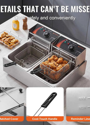 SucceBuy 12L Commercial Electric Deep Fryer w/Dual Tanks 3000W  Stainless Steel Countertop Fryer for Fried Chicken French Fries