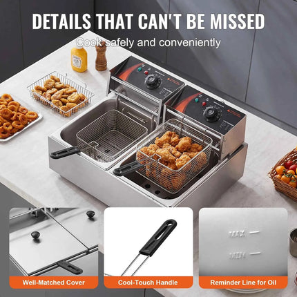 SucceBuy 12L Commercial Electric Deep Fryer w/Dual Tanks 3000W  Stainless Steel Countertop Fryer for Fried Chicken French Fries