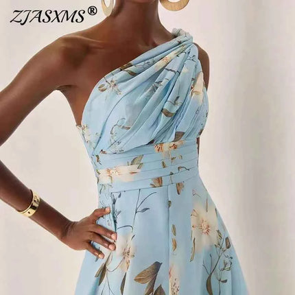 Abito Lungo in Chiffon con Stampa Floreale Francese, Vestito Boho Sexy Monospalla a Vita Alta per Donna, Abito Estivo Senza Maniche per Vacanze
