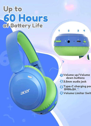 Acer Kids Bluetooth 6.0 Headphones with Built-in Mic 85/94dB Volume Limited Lightweight Over-Ear Wireless Headphones for Kids