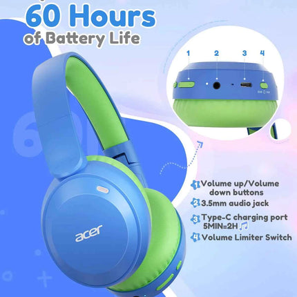 Acer Kids Bluetooth 6.0 Headphones with Built-in Mic 85/94dB Volume Limited Lightweight Over-Ear Wireless Headphones for Kids