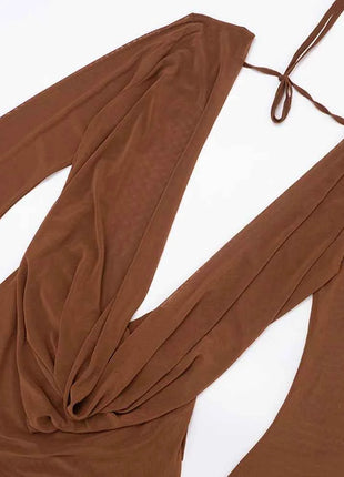 Beyprern Elegante manica svasata con scollo a V increspato Abito corto in rete trasparente Abiti da vacanza rosa Abito copricostume da spiaggia Abiti da notte