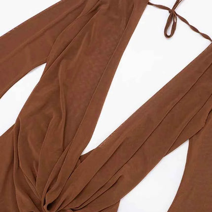 Beyprern Elegante manica svasata con scollo a V increspato Abito corto in rete trasparente Abiti da vacanza rosa Abito copricostume da spiaggia Abiti da notte