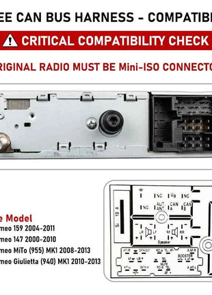 Cablaggio Mini-ISO con Decoder CAN Bus per Alfa 147 159 MiTo MK1 Giulietta 2010-2013, Ritenzione SWC, Adattatore Android P&P 16 Pin