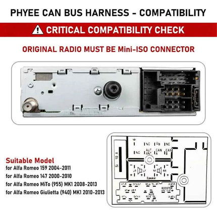 Cablaggio Mini-ISO con Decoder CAN Bus per Alfa 147 159 MiTo MK1 Giulietta 2010-2013, Ritenzione SWC, Adattatore Android P&P 16 Pin