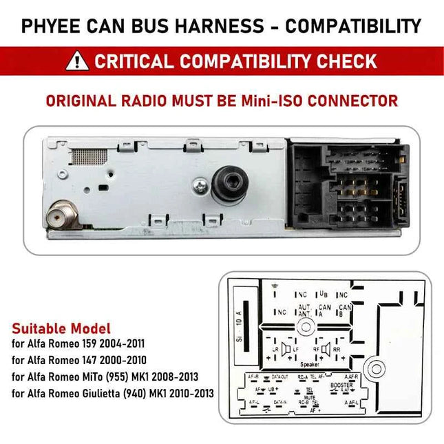 Cablaggio Mini-ISO con Decoder CAN Bus per Alfa 147 159 MiTo MK1 Giulietta 2010-2013, Ritenzione SWC, Adattatore Android P&P 16 Pin