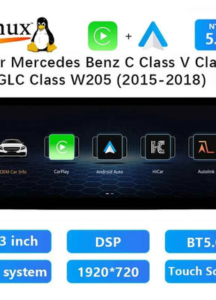 12.8'' 2400*900 High Resolution Android 14 Snapdragon 665 8GB Wireless Carplay Car Screen For Mercedes Benz C Class W205 GLC Class X253 W446 2015-2018 Multimedia Radio Stereo