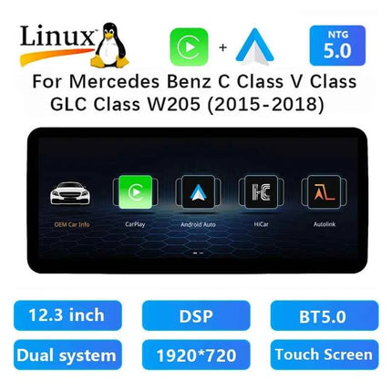 12.8'' 2400*900 High Resolution Android 14 Snapdragon 665 8GB Wireless Carplay Car Screen For Mercedes Benz C Class W205 GLC Class X253 W446 2015-2018 Multimedia Radio Stereo