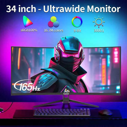 Gawfolk Curved Gaming Monitor 34-inch UWQHD 3440x1440P, 1500R Ultra-Wide PC screen 165Hz, curved computer screen, VA screen pane