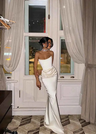Sexy High Waist Strapless Maxi Dress Women Fashion Backless Sleeveless Pleated Satin Slim Robes Elegant Lady Party Evening Gowns