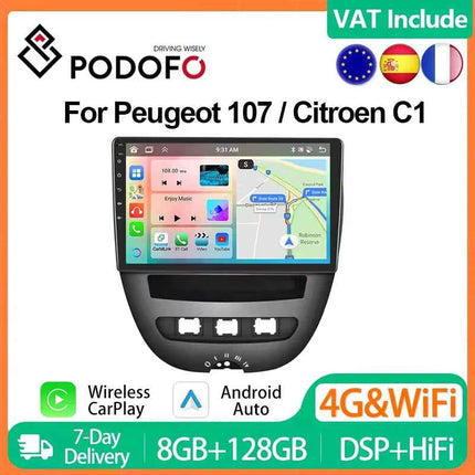 Podofo 10.1" Car Radio Wireless CarPlay Android Radio For PEUGEOT 107/Citroen C1 2005-2014 Multimedia GPS 4G WIFI BT Autoradio
