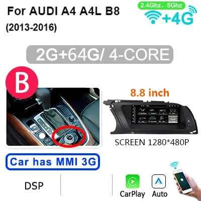 8GB 256GB Carplay 8.8'' Android 14 Auto Car Radio Multimedia player For Audi A4 B8 2009-2016 2 din autoradio Stereo 4G LTE