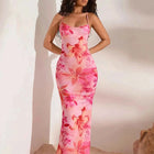 Abito da donna elegante a sirena monospalla, stampa floreale rosa, senza maniche, silhouette a trapezio, scollo rotondo, lavabile in lavatrice