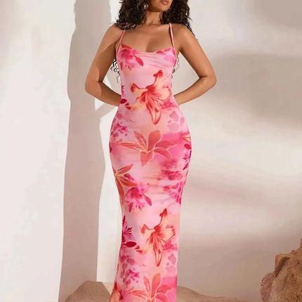Abito da donna elegante a sirena monospalla, stampa floreale rosa, senza maniche, silhouette a trapezio, scollo rotondo, lavabile in lavatrice