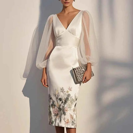 Abito da donna Elegante maglia con scollo a V con stampa digitale Abito da ballo di moda Abiti formali e abiti da sera