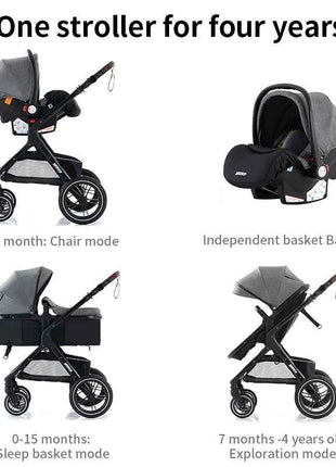 Multifunction 3 in 1 Baby Stroller with Car Seat and Sleeping Basket Baby Pram Lightweight Infant Pushchair Compact Folding Pram