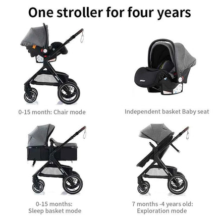Multifunction 3 in 1 Baby Stroller with Car Seat and Sleeping Basket Baby Pram Lightweight Infant Pushchair Compact Folding Pram