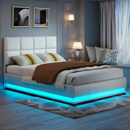 Rosahqnda Hydraulic Double Bed frame 140*190cm with LED Adjustable Headboard Storage bed 140*200cm Cushions bed PU