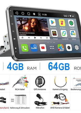 ESSGOO 10.1"Android14 4-64G 360°Rotatable Touchscreen 1 DIN Car Radio Wireless Carplay Bluetooth GPS Navi RDS WIFI MIC EQ FM SWC