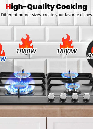 Piano Cottura a Gas 4 Fuochi 58cm - Protezione Fiamma Automatica, Gas Naturale e GPL