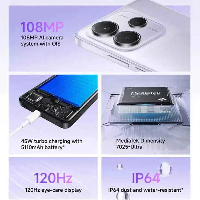 Xiaomi Redmi Note 14 5G 8GB/256GB Smartphone MediaTek Dimensity 7025-Ultra Display AMOLED da 6,67" Tripla fotocamera da 108MP