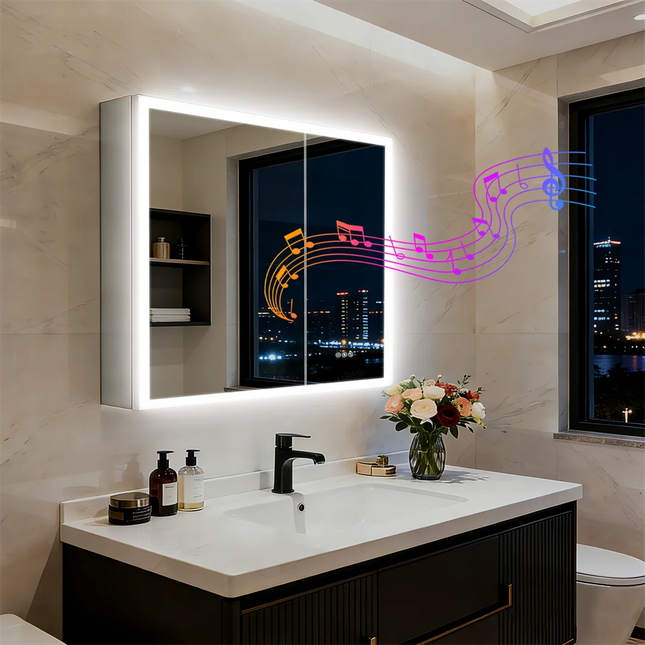 LUVODI Smart LED Medicine Cabinet with Bluetooth Speakers, Defogger & Jewelry Storage,50x70cm Wall-Mounted Bathroom Mirror
