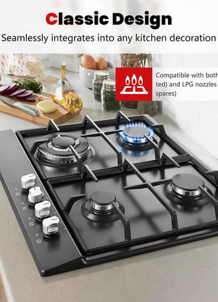 Piano Cottura a Gas 4 Fuochi 58cm - Protezione Fiamma Automatica, Gas Naturale e GPL