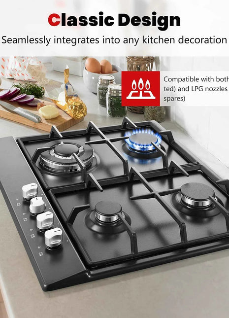 Piano Cottura a Gas 4 Fuochi 58cm - Protezione Fiamma Automatica, Gas Naturale e GPL