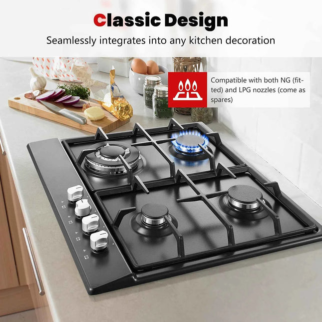 Piano Cottura a Gas 4 Fuochi 58cm - Protezione Fiamma Automatica, Gas Naturale e GPL