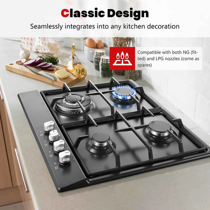 4 Burners Black Enamelled Plate 58 cm Automatic Flame Protection, Natural Gas and Propane Gas, Built-in Gas Hob