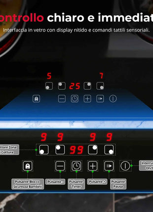 Piano Cottura a Induzione Da Incasso 4 Zone 6000W 60cm - Touch, 9 Livelli, Timer, Blocco Bambini