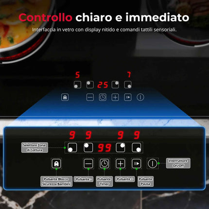 Piano Cottura a Induzione Da Incasso 4 Zone 6000W 60cm - Touch, 9 Livelli, Timer, Blocco Bambini