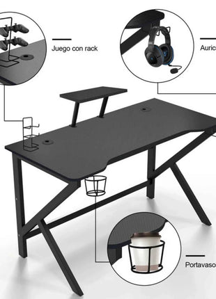 100 x 55 cm Gaming Desk, Ergonomic Gaming Desk with Cup Holder and Headphone Hook, Computer Desk, Black Gaming Table