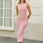 SINGREINY Hollow Out Beach Maxi Dress Summer Women Sleeveless Solid Knitted Stretchy Bohemian Striped Slit Bodycon Long Dress