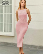 SINGREINY Hollow Out Beach Maxi Dress Summer Women Sleeveless Solid Knitted Stretchy Bohemian Striped Slit Bodycon Long Dress